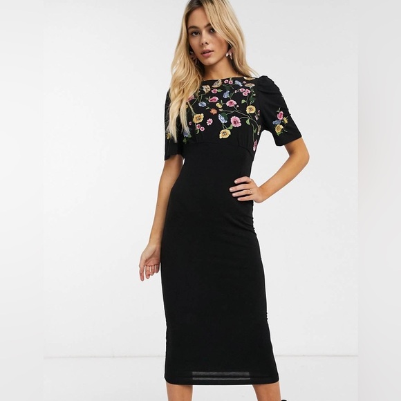 ASOS Dresses & Skirts - ASOS womens black floral embroidered surplice open back midi dress
